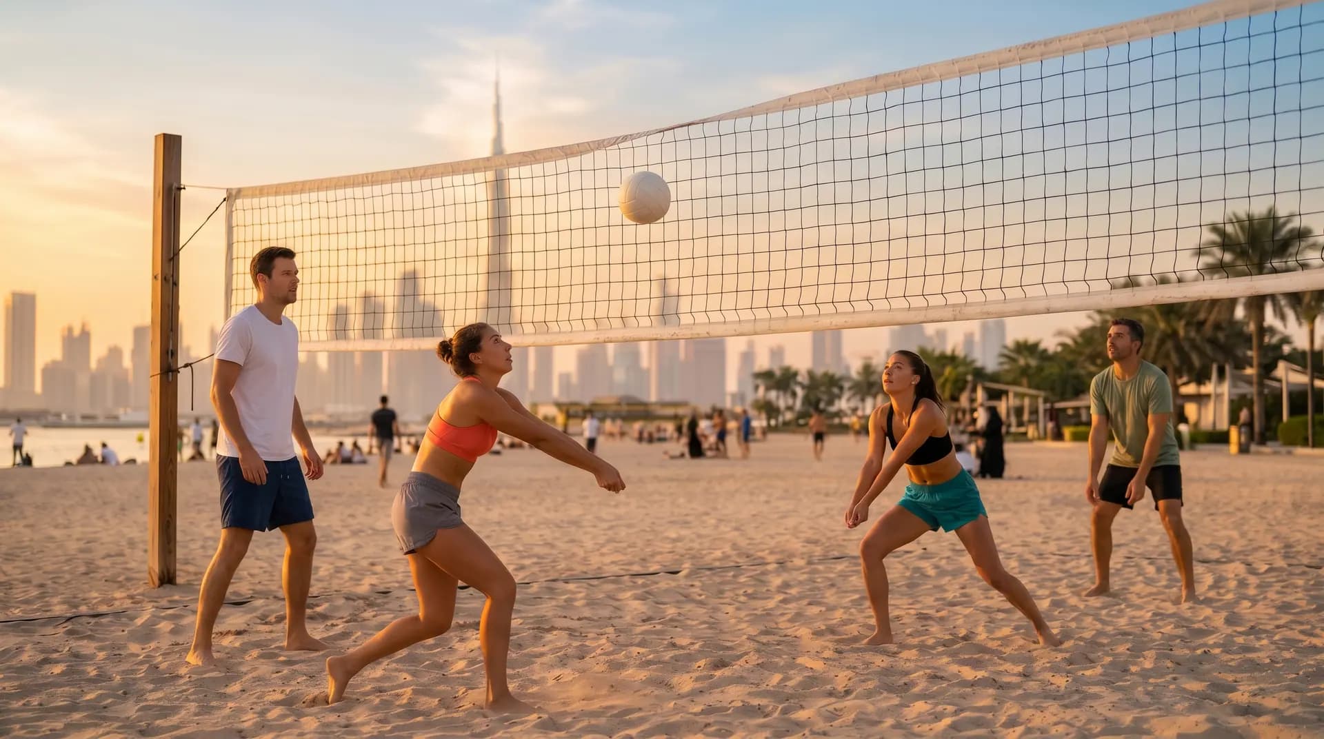 Two mixed pairs playing 2v2 beach volleyball at sunset in Dubai: a woman bumps the ball while across the net her opponents wait, one defending near the net and one further back